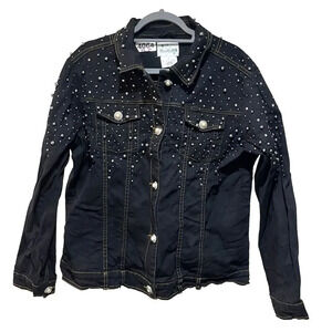 Quacker Factory Black Denim Bling Jacket M Rhinestone Pearl Bling Cowgirl Rodeo
